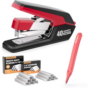 MARSROCK Effortless Stapler for Desk with 40-50 Sheet Capacity, 2000 Staples, 1-Touch Stapling, Ergonomic & Easy to Load Desktop Staplers, Heavy Duty Stapler, and Magnetic Staple Remover, Red