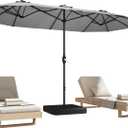 DomeShade 15ft Patio Umbrella with Base,Large Outdoor Double-Sided Rectangle Umbrella with Crank Handle, Market Umbrella for Poolside Garden Deck Backyard Beach Pools, Gray