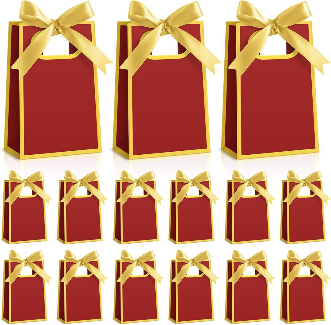 AmazingSpark 50 Pcs Burgundy Gold Mini Gift Bags Bulk 6.3 x 3.9 x 2.8 Inch Party Favors Elegant Small Gift Bags with Handles and Ribbon Bows for Wedding Birthday Bridal Baby Shower Party Favors