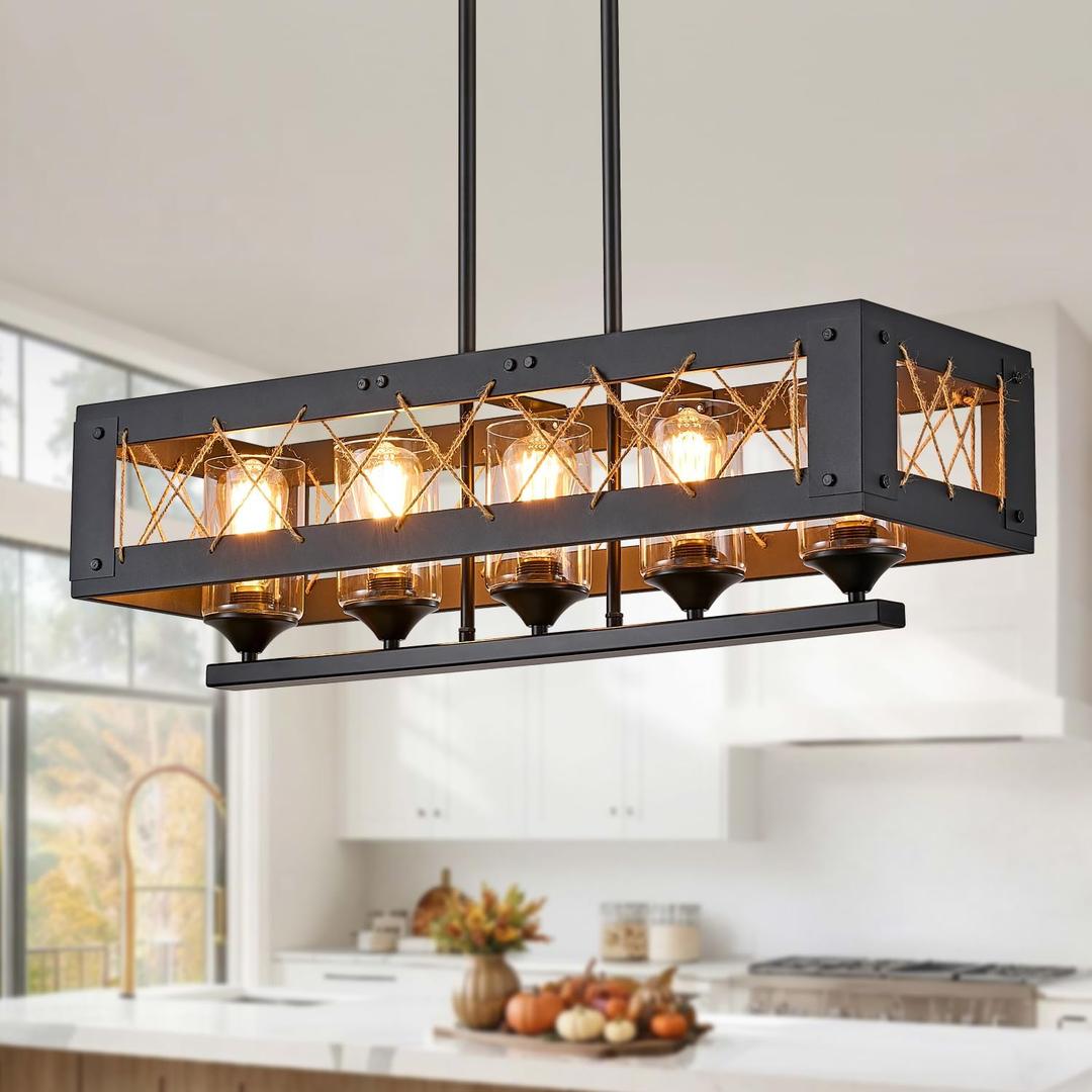 5-Light Farmhouse Pendant Light for Dining Room, Matte Black Rustic Kitchen Island Lighting, Adjustable Height Chandeliers for Kitchen Dining Room Table