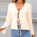 Womens Satin Blouses Going Out Tie Front Tops Sexy Deep V Neck Collared Long Sleeve Shirts (Small, Beige)