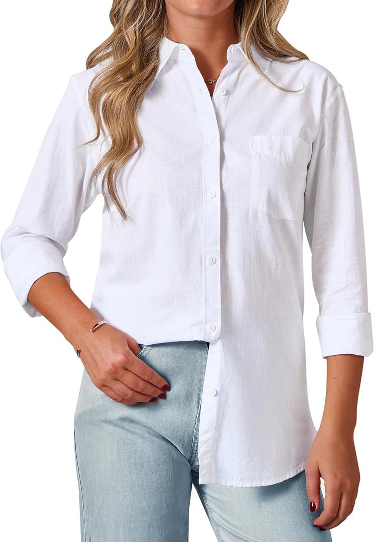 siliteelon Womens Button Down Shirt Linen Button Up Shirts for Women Long Sleeve Summer Shirt Collared Blouse Linen Tops (Large, All White)