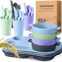 Honoson 24 Pcs Wheat Straw Dinnerware Cutlery Set Including Divided Plates Microwave Dishwasher Safe Bowl Unbreakable Tableware Straw Cutlery Spoon Knife Fork Cup(Assorted Color)