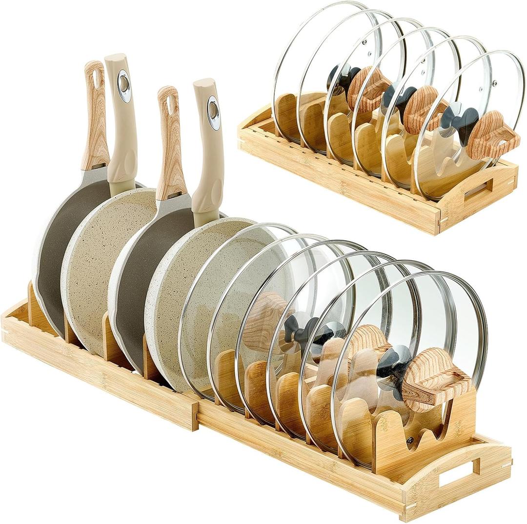 Pots and Pans Organizer Under Cabinet Bamboo Expandable Pot Lid Holder Adjustable Cookware Organizer for Bakeware Cutting Board Baking Sheet Pan Kitchen Storage (16.54-31.5 Inch,Wood Color)