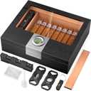 TISFA Cigar Humidor Box Cigar Accessories Set, Includes V Cutter, Straight Cutter, Hole Punch, Digital Hygrometer, Adjustable Humidifier, Divider, Cedar Wood Desktop Humidor Airtight Cigar Case (Black)