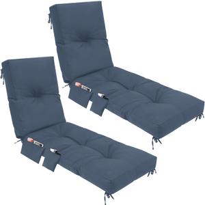2 Pcs Outdoor Chaise Lounge Cushions with 3 Side Pocket 76x22x6 Inch Waterproof Long Deck Reclining Chair Cushions Fade Resistant Replacement Cushion for Furniture Lawn Pool (Blue Gray,Solid Color)
