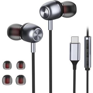 USB C Headphones for Samsung S24 S23 FE S22 S21 S20 A53 A54 Wired Earbuds Metal in-Ear Type C Earphone with Microphone Volume Control Bass Stereo for iPhone 17 Pro Max iPhone 16 Pro Max Pixel (Black)