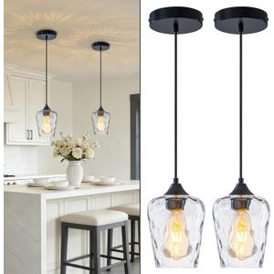2 Pack 5.1" Mini Black Blown Glass Pendant Lights Kitchen Island Lighting, Small Kitchen Pendant Light, Kitchen Pendant Lights with Hammered Glass Shades for Dining Room Sink
