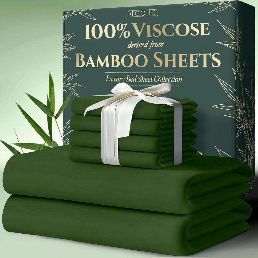 DECOLURE 100% Viscose Derived from Bamboo Sheets Queen Size 6pcs - Ultra Soft & Luxuriously Cooling, 17" Deep Pocket, Double Stitching, Perfect for Hot Sleepers - Queen Bed Sheets (Olive)