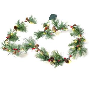 Christmas Pine Needle Garland with Lights - 6FT Battery Pre-Lit Rustic Smokey Christmas Cedar Garland with Pinecones, Red Berries, Gold Bells, Red Stars, Mixed Decors for Mantle Fireplace Door Window