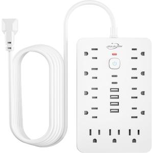 20 FT Flat Plug Surge Protector Power Strip,11 Multiple AC Outlets with 6 USB Ports (2 USB C), 20 Feet Extension Cord, 1250W/10A, One Touch Switch Button, White