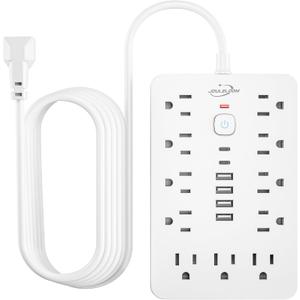10 FT Flat Plug Surge Protector Power Strip,11 Multiple AC Outlets with 6 USB Ports (2 USB C), 6 Feet Extension Cord, 1250W/10A, One Touch Switch Button, White