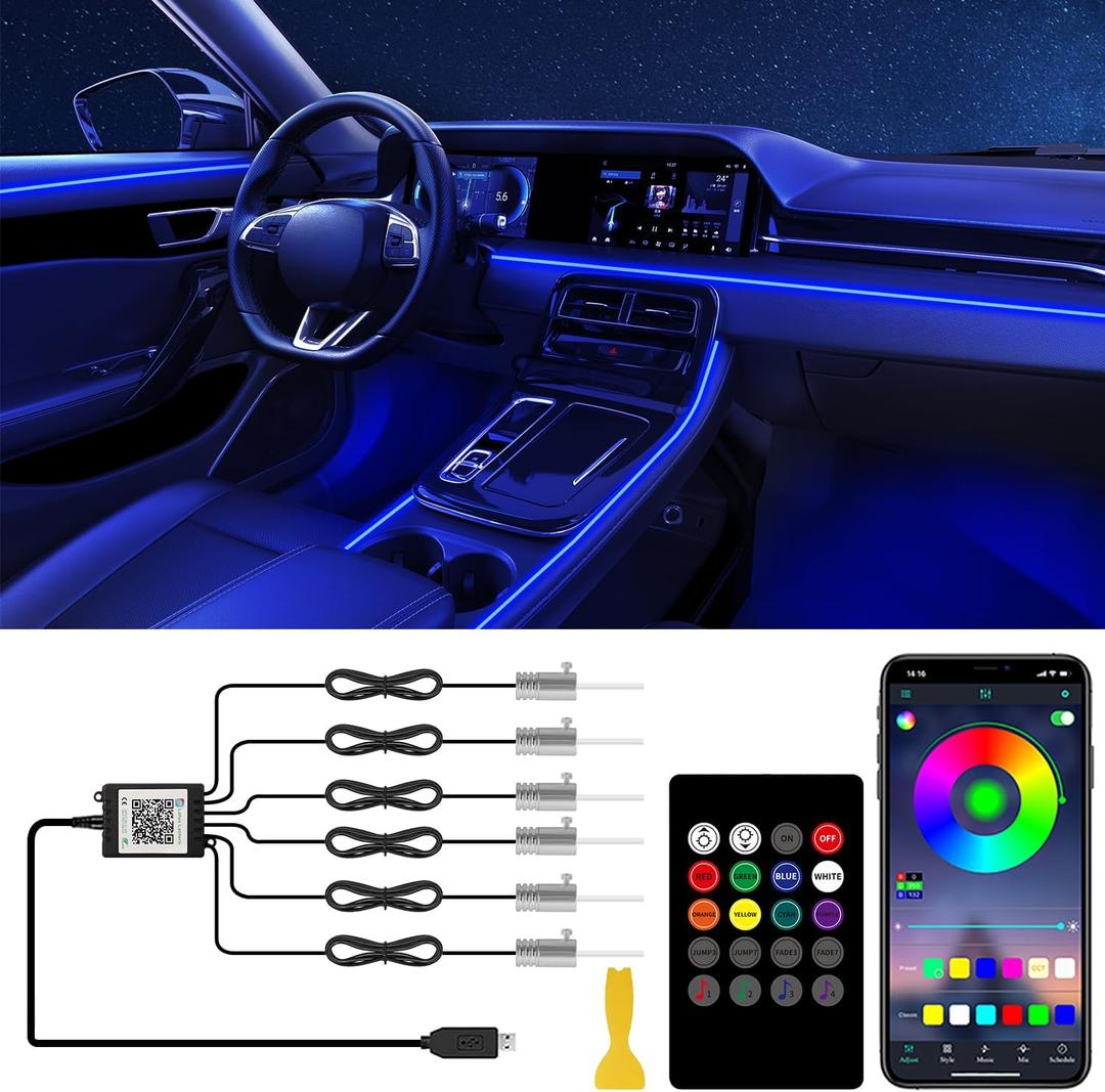 Interior Car LED Lights with Wireless APP/RF Remote Control, RGB 6 in 1 Ambient Lighting Kit with 315 Inches Fiber Optic,16 Million Color Neon Strip Inside Sync to Music,Car Decorations Accessories
