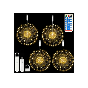 FOOING 4 Pack Firework Lights LED, Hanging Christmas Lights, 8 Modes USB Rechargeable Battery Operated Fairy Light with Remote, Twinkle Star String Lights for Party Christmas Decoration Outdoor Indoor