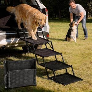 Extra Wide Dog Stairs for Car - Foldable 5-Step Non-Slip Pet Stairs for Home, Lightweight Dog Steps for Senior & Large Dogs to SUV, Truck, Bed - Supports 250 lbs