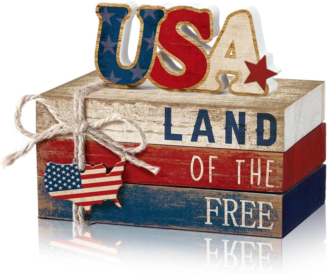 4 Pcs 4th of July Decorations Patriotic Tiered Tray Decorations Signs Rustic Memorial Day Decor Book Block Sign for 250th Anniversary Farmhouse Table Home Tabletop Shelf(Map)