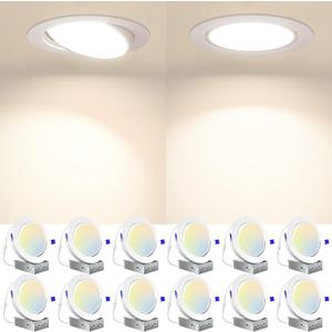 Amico 12 Pack 6 Inch 5CCT Gimbal LED Recessed Lighting, Directional Adjustable Ceiling Downlight, Angled Dimmable Canless Light with Jbox, 2700K-5000K Selectable, 15W=100W 1100LM, ETL&FCC