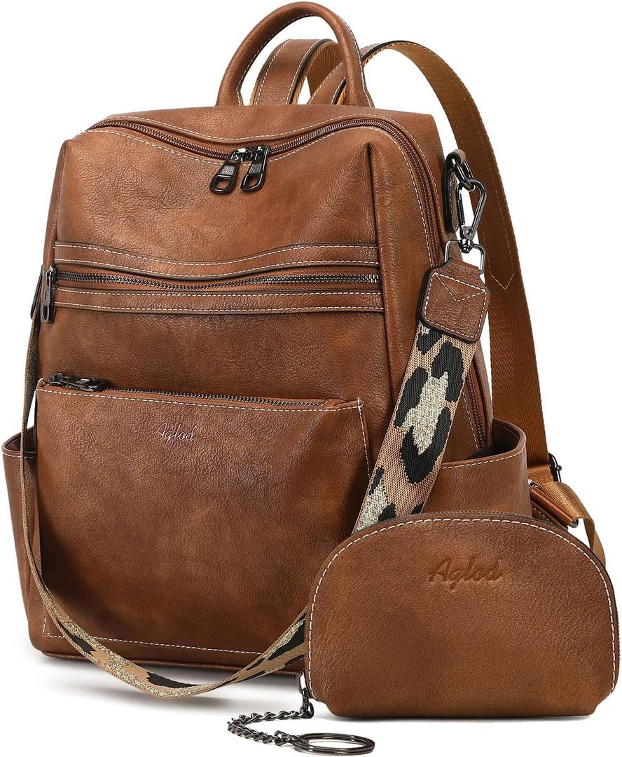 AGLOD Leather Backpack Purse for Women Designer Ladies Shoulder Bag Fashion Faux Work Travel Handbags (Kcus22001-2 Two-toned Brown)