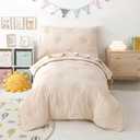 4-Piece Toddler Bedding Sets for Girls Boys, Soft Microfiber Floral Embroidery Toddler Bed Comforter Bed-in-a-Bag Includes Comforter, Flat Sheet, Fitted Sheet, Envelope Pillowcase, Beige
