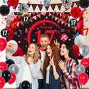 17th Birthday Decorations for Boys Girls Red and Black, Happy 17th Birthday Backdrop Banner, 17 Birthday Party Decoration Tablecloth Balloons Triangle Flag, 17 Year Old Boy Bday Party Supplies