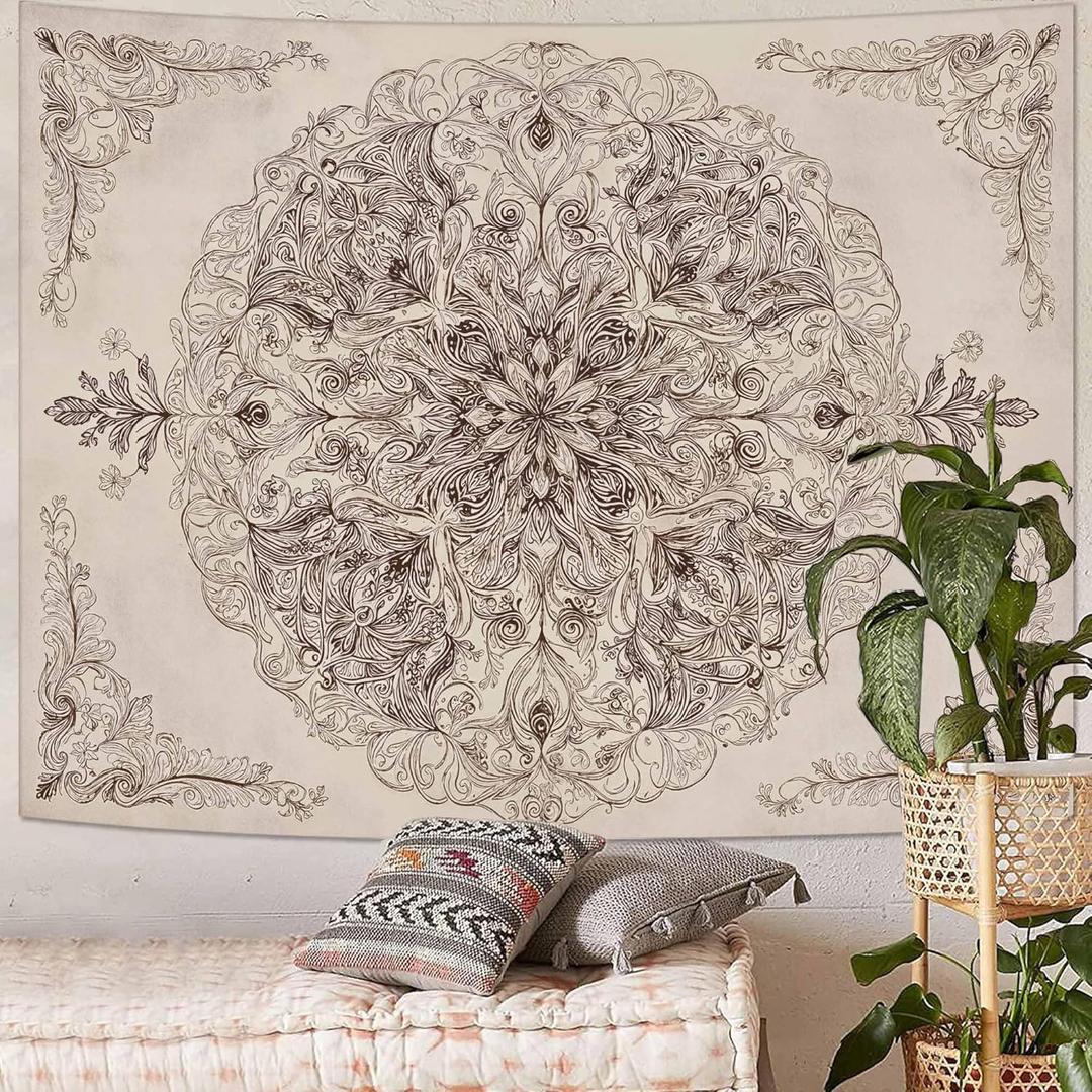 Wegklazax Vintage Floral Mandala Tapestry, Intricate Botanical Wall Art for Room Decor, Elegant Sketch Aesthetic Home Decor 60" L x 44" W (Ivory)
