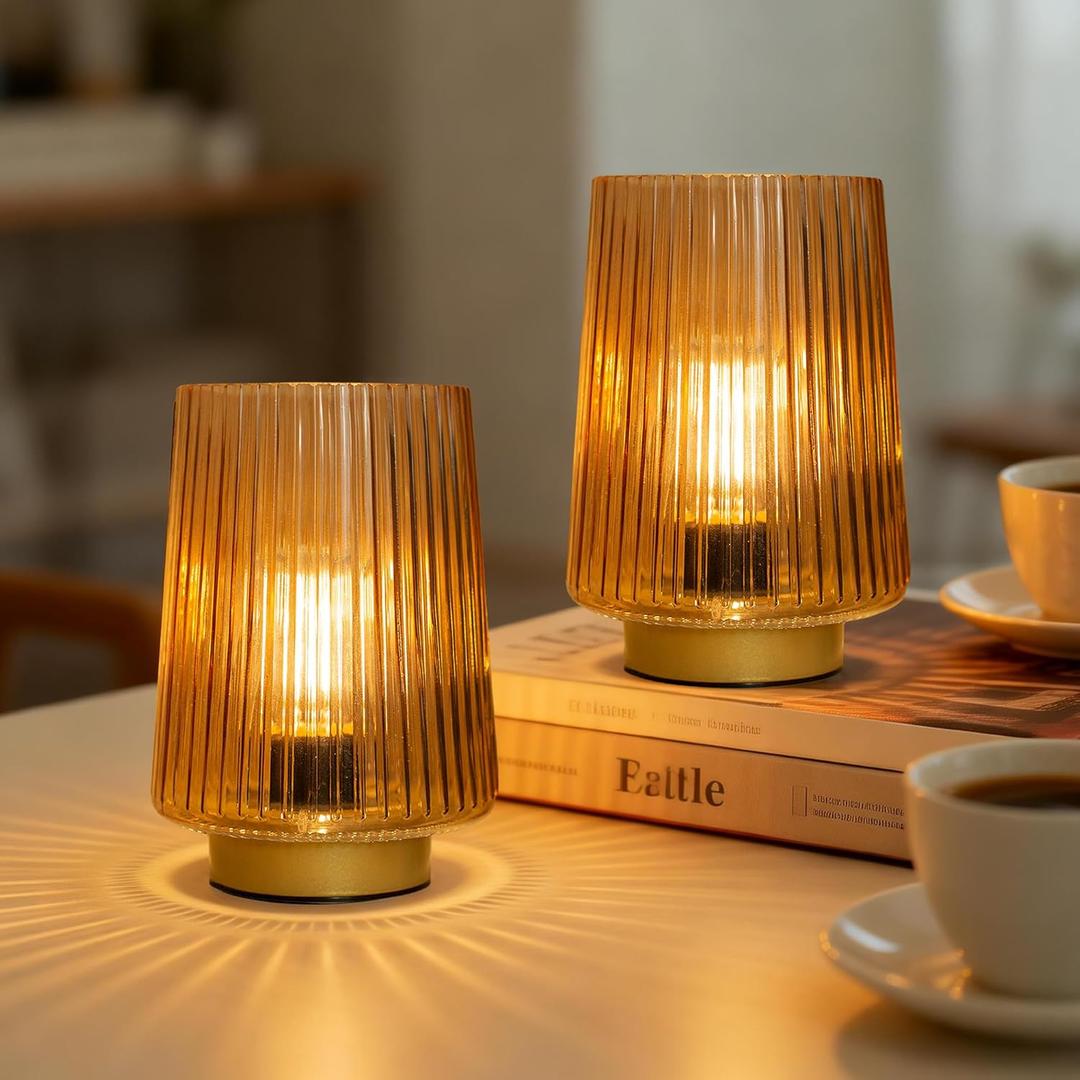 Battery Operated Lamp with Timer, Set of 2 Small Cozy Table Lamp Decorative Ambient Glass Lamp for Bedside & Home Decor, Aesthetic Cordless Battery Powered Accent Lamp for Living Room Shelf, Amber