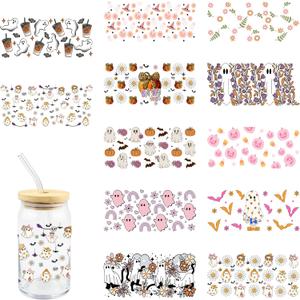 Pumpkin Coffee UV DTF Decals for Wood Furniture 12 Pcs Ghost Cats DTF Cup Wraps Transfer Stickers on Glass and Ceramics UVDTF DIY Decoration Applique