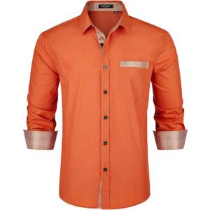 Enlision Dress Shirt for Men Button Down Long Sleeve Shirt Business Casual Inner Contrast Collar Wedding Shirts Regular Fit (Orange, L)