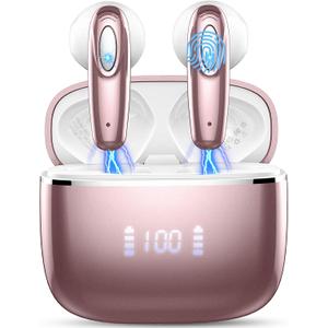 Wireless Earbud, Bluetooth Headphones 5.3 Built in 4 ENC Mic, Stereo Bass Wireless Earphones, 40H Bluetooth Earbud in-Ear LED Display, USB-C, IP7 Waterproof Sports Ear Buds for Android iOS, Rose Gold