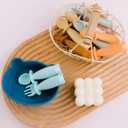 Silicone Bowl Suction with Spoon and Fork for Babies 6 months+ Suction Bowls for Baby Utensils 6-12M+ BLW Baby Essentials Newborn Essentials Must Haves (Aquamarine)