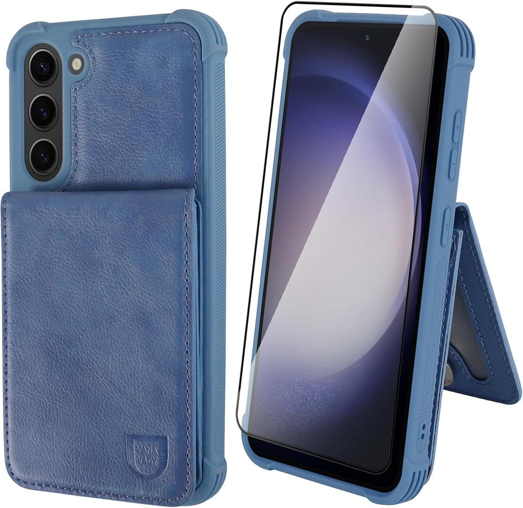 VANAVAGY Compatible for Galaxy S23 Wallet Case with Credit Card Holder, PU Leather Magnetic Clasp Kickstand Flip Phone Case Cover with Coin Pocket Screen Protector, Blue