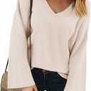Yousify Womens V Neck Oversized Sweaters Long Sleeve Knit Pullover Trendy Casual Chunky Sweater (Beige, M)