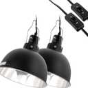 2 Pack Reptile Light Fixture, 8.5in Deep Dome Reptile Lamp Fixture, Optical Reflection Cover, Separate Switch & Hook, Terrarium Light Fixture for Reptile Heat Basking UVB Bulbs, 150W, Black