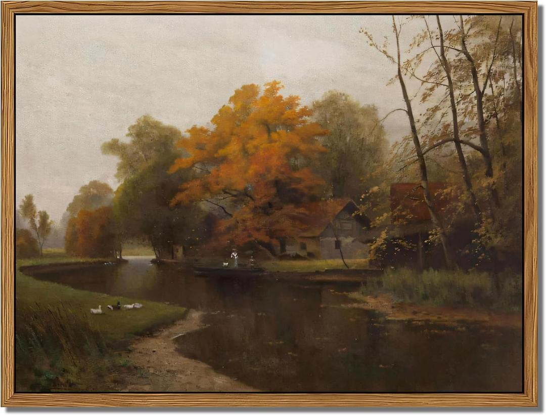 Floating Framed Canvas Wall Art Decor  Vintage Autumn by the Water Landscape Paintings Prints, Nature Countryside Pictures Wall Decor for Living Room Bedroom Office Decoration 8x10 inch