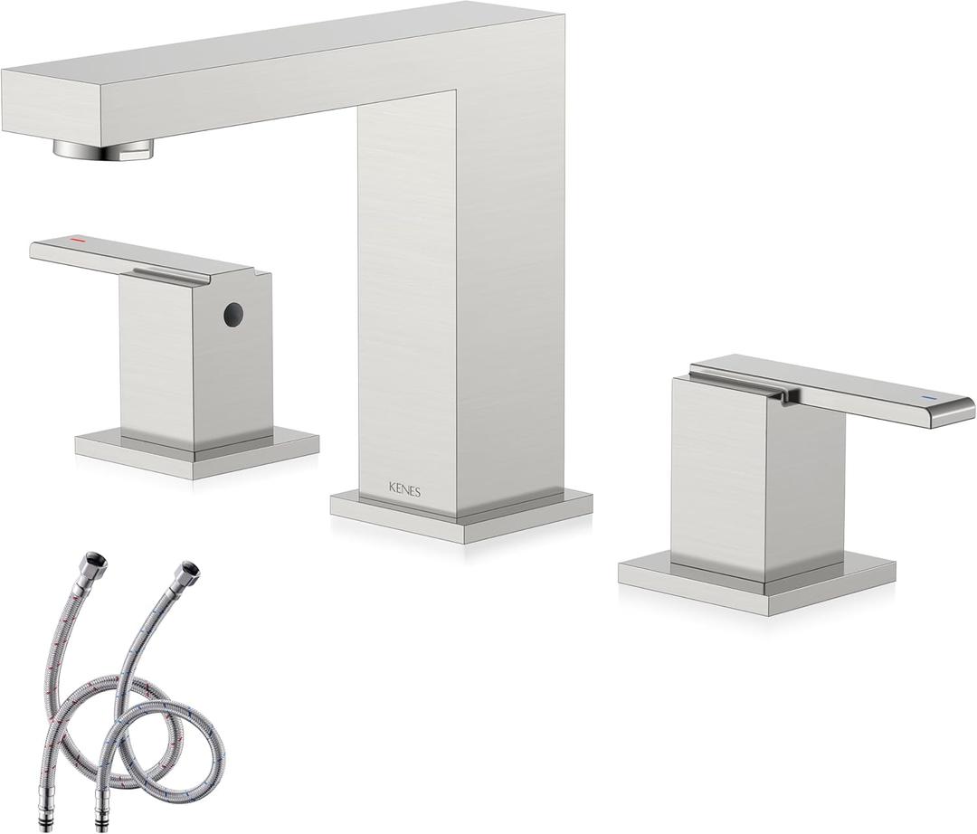 KENES 2 Handle Widespread Bathroom Faucets Brushed Nickel, Bathroom Sink Faucet 3 Hole Vanity Faucet with Lead-Free Supply Hose, KE-9050