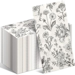Tatuo Floral Paper Napkins Bathroom Napkins Guest Disposable Decorative Black and White Flower Napkin for Spring Birthday Wedding Vintage Tea Lunch Dinner Party Supplies(100 Pack,13 x 15.8 Inch)