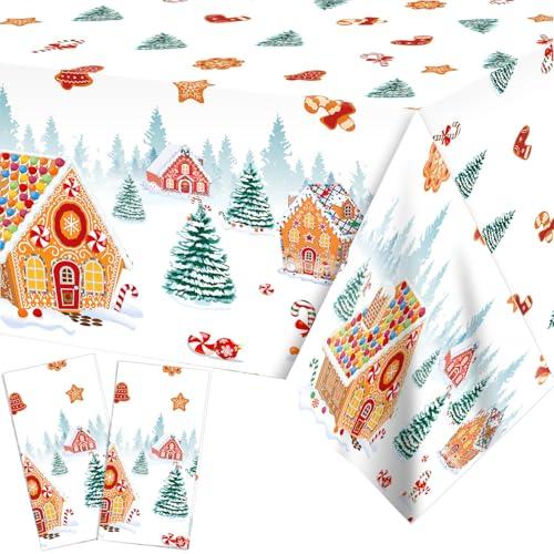 PHOGARY 2 Pack Christmas Tablecloths Gingerbread Tablecloth, Gingerbread House Tablecloths Disposable Christmas Plastic Tablecloth for Winter Holiday Party Ginger Bread Xmas Decorations 51"X86"