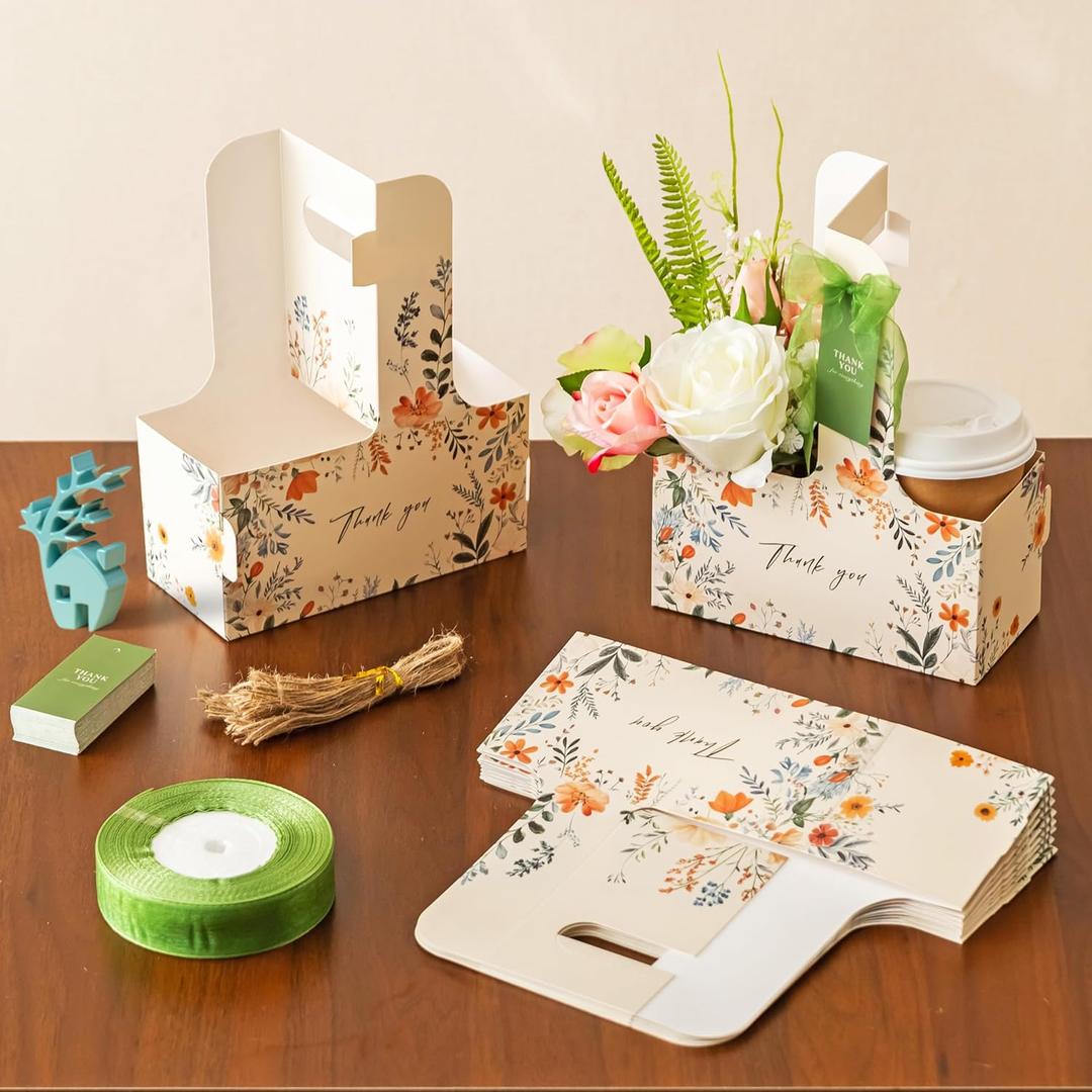 Baffect Thank You Gift Bags For 50 Guest, Include 2 Cup Drink Carrier With Handle, Thank You Tags With String, 1" Wide Ribbon, Appreciation For Women, Business, Employees, Coworkers, Teacher (Floral)