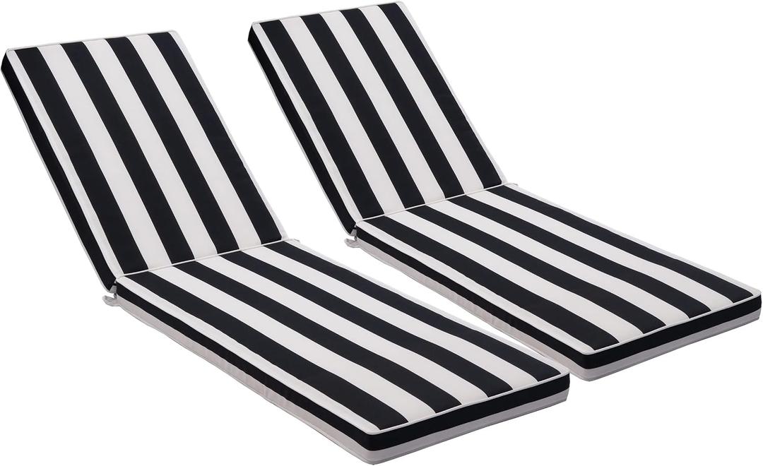 Only choice 2 Pcs Set Outdoor Lounge Chair Cushions Patio Chaise Lounge Replacement Cushions Furniture Seat Cushions(Black+White Stripes-2 pcs) 74.4"x 22.05"x 2.76"