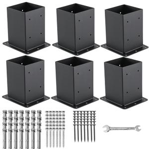 4x4 Post Base 6 Pcs, (Inner Size 3.6"x3.6") Post Anchors, 13GA Thick Solid Steel & Black Powder Coated,Deck Post Brackets Support Deck Base Plate Pergola Brackets Fence Kit Mailbox Mount