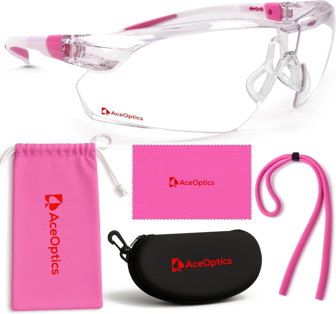 Safety Glasses  ANSI Z87 Certified, 5X Anti-Fog ClearShield Lenses with Premium Hard Case & Accessory Bundle (Pink & White / Clear)
