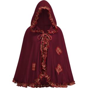 LMYOVE Female Adult Little Red Riding Hood Cape, Halloween Character Costume Cosplay (65cm/25.6'', Grid Patch Wine)