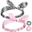 Hoteam 2 Set Bandana Headband and Scrunchies for Women and Girls, Elastic Paisley Headbands Paisley Bandana Hair Tie Knot Retro Adjustable Headwrap(White,Pink)