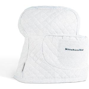 KITCHENAID Fitted Tilt-Head Stand Mixer Cover with Storage Pocket, Quilted 100% Cotton,14.4"x18"x10", Ticking Stripe Ink Blue