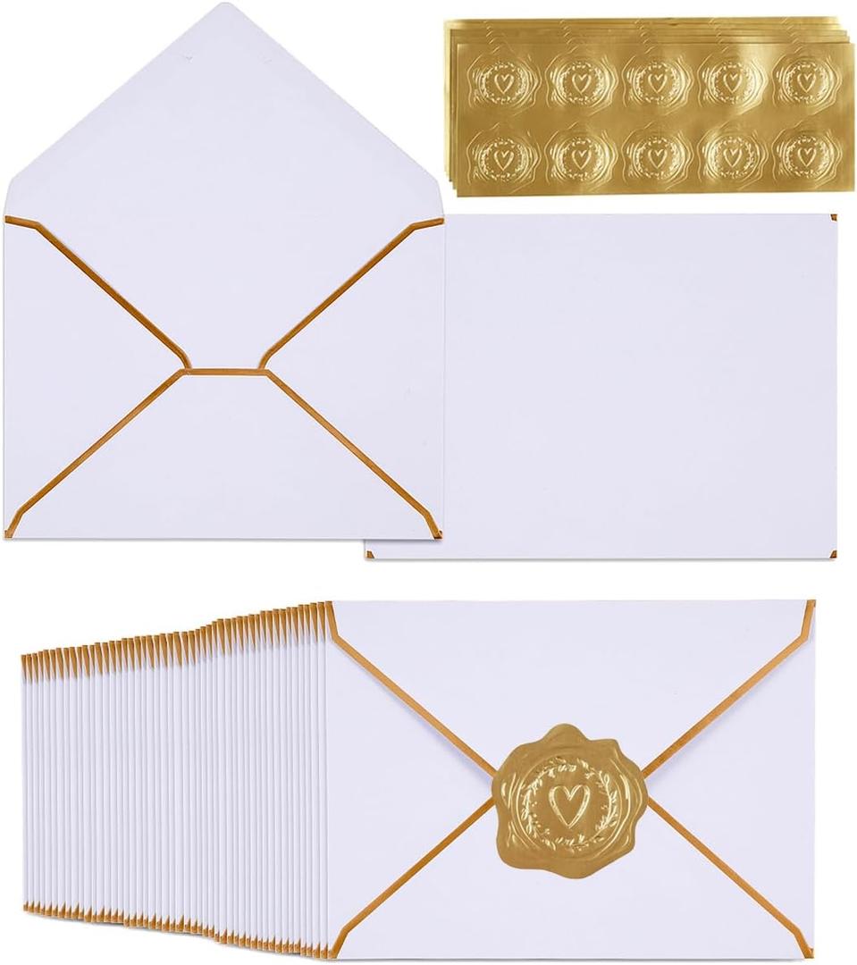 100 Pack White A7 Envelopes 5 x 7 Card Envelopes V Flap with Gold Border for Office, Wedding Gift Cards, Invitations, Graduation, Baby Shower, Parties (5.32 x 7.28 Inches, White)