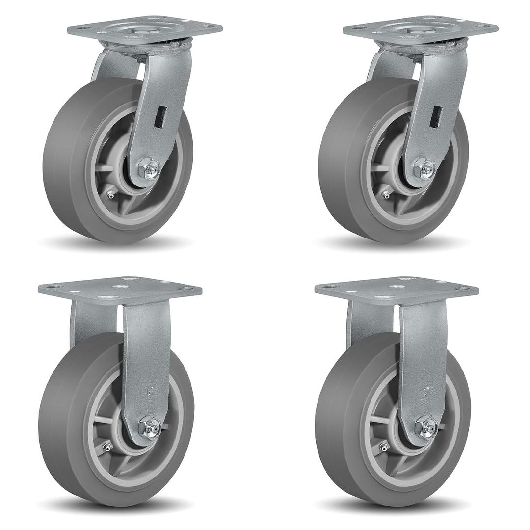 6x2 Heavy Duty Caster Wheels -Industrial Caster Wheels, Rubber Wheels（Flat Tread）- Set of 4 with up to 2800 LB Capacity - Use for Dollies, Workbench (2 Swivel &2 Rigid)