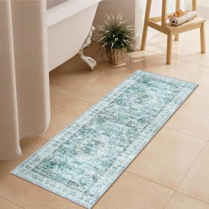 Uphome Bathroom Rugs Runner, Distressed Farmhouse Boho Sage Green Bath Mat, Non Slip Washable Long Bath Rugs, Vintage Traditonal Soft Velvet Bathroom Runner for Bathtub Sink Shower, 18x47 inch