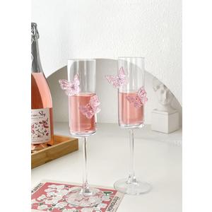 2Pcs Pink Butterfly Wine Glasses, 3D Butterfly Champagne Cups Drinking Glasses Fashioned Wine Cocktails Glassware Romantic Champagne Glasses for Weddings Engagements Party Gifts (Smooth Style)