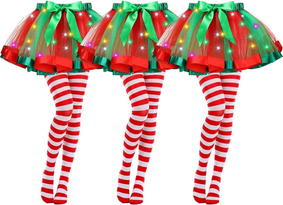 Cuffbow 3 Sets Christmas LED Light up Tutu Skirt and Striped Tights Set for Women Include 3 Light up Layered Tutus 3 Red and White Pantyhose for Christmas Party Costume Neon Party