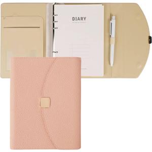 A5 Binder Refillable Planner Notebook 6 Ring, Tri-fold Lychee Grain Faux Leather Organizer with 200 Sheets Lined Inserts, Aesthetic Loose Leaf Binder for Budget, Journal, Photocard Holder (Pink)